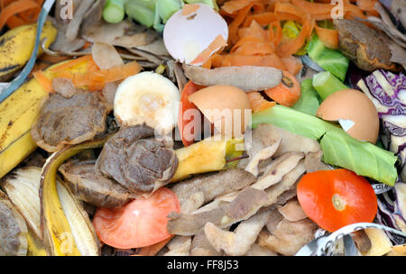 Mélange de matériaux de compostage et ferme de ver comprenant cuisine de fruits et légumes crus avec des déchets journal déchiqueté. Banque D'Images