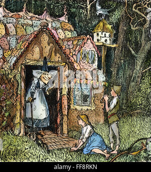 Figurines anciennes allemandes en bois Hansel et Gretel, décor