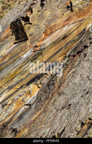 Motifs abstraits de la falaise mur au Blue Lagoon, Abereiddy (Abereiddi) dans la région de Pembrokeshire, Pays de Galles, Royaume-Uni Banque D'Images