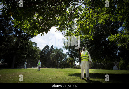 Buenos Aires, Argentine. Feb 11, 2016. L'environnement de l'Argentine et de l'espace public Ministère des membres de la brigade de fumigation spay insecticide dans une zone de Saavedra Park, dans un effort pour contrôler l'Aedes aegypti, à Buenos Aires, capitale de l'Argentine, le 11 février, 2016. © Martin Zabala/Xinhua/Alamy Live News Banque D'Images