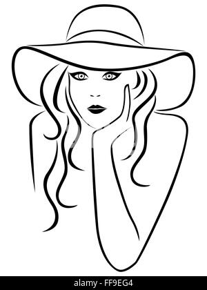 Abstract belles jeunes femmes portrait dans un chapeau à large bord, dessin à la main contour vectoriel Illustration de Vecteur