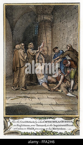 INQUISITION ESPAGNOLE : FOXE. /Nle de la torture d'un hérétique protestante dans une prison espagnole au cours de l'Inquisition. Gravure sur cuivre à partir de la fin du xviiie siècle l'édition anglaise de John Foxe's Book of Martyrs 'l'. Banque D'Images