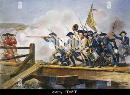 La BATAILLE DE CONCORD, en 1775. /N19 avril 1775. L'engagement au pont du nord : gravure couleur, 19e siècle. Banque D'Images
