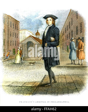 BENJAMIN FRANKLIN (1706-1790). /NAmerican imprimeur, éditeur, scientifique, inventeur, homme d'État et diplomate. L'arrivée de Franklin à Philadelphie en 1723. La gravure sur bois, 1847. Banque D'Images