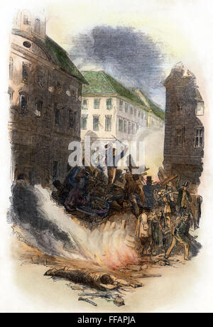 Révolution de 1848 : Berlin. /NRevolutionaries à Berlin avec le gouvernement prussien de forces derrière une barricade dans la Breite Strasse, 18 mars 1848. La gravure sur bois à partir d'un journal anglais contemporain. Banque D'Images