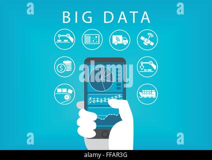 Hand holding smart phone mobile avec tableau de bord pour l'analyse des données big data. Concept de différentes entreprises et industries. Illustration de Vecteur