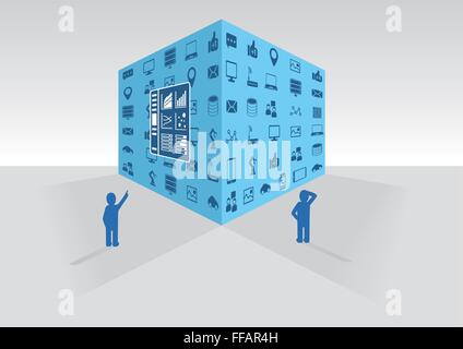 Deux personnes à la recherche de big cube de données et tableau de bord Illustration de Vecteur