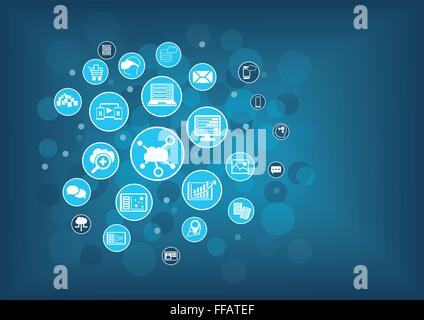 Cloud computing concept comme l'illustration vectorielle. Arrière-plan de la technologie de l'information floue avec des icônes de divers dispositifs dans le c Illustration de Vecteur