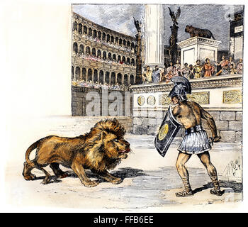 LION & GLADIATOR. /NContest entre un lion et un criminel condamné dans l'arène dans la Rome antique. La gravure, la ligne américaine, 1892. Banque D'Images