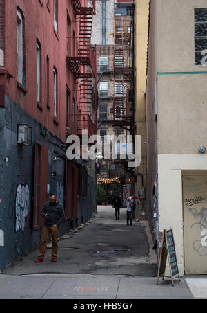 Man looking at mobile phone à l'entrée de Freeman Alley, une allée à New York, Lower East Side Banque D'Images