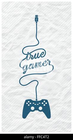 Gamepad avec câble dans la forme d'un message texte sur papier fond texturé Illustration de Vecteur