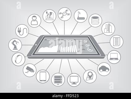 Télévision design blanc et gris avec illustration vectorielle, smart phone et big data cloud analytics dashboard pour internet des objets. Illustration de Vecteur