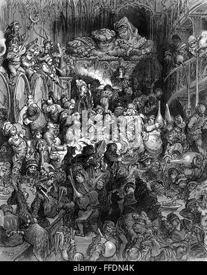 RABELAIS : GARGANTUA ET PANTAGRUEL. Illustration de 'La Vie de Gargantua et Pantagruel de Rabelais' par Franτois. La gravure sur bois, 1873, après Gustave DorΘ.