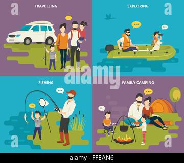 Famille avec enfants concept télévision icons set de voyager, de pêche et de camping Illustration de Vecteur