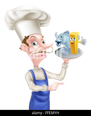 Caricature de fruits de mer chef holding un plat ou une plaque avec du poisson et des frites sur elle et de pointage Banque D'Images