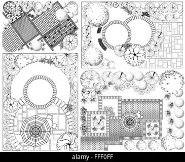 Plan d'aménagement paysager avec des collections de symboles de la cime Illustration de Vecteur