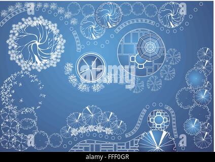 Plan de vecteur projet architectural du paysage, plan de jardin avec des symboles de l'arbre Illustration de Vecteur