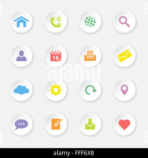 [JPEG] colorful web icon set sur 1 bouton rond blanc avec ombre douce Banque D'Images