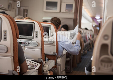 Cabine d'un double decker380 Airbus Singapore Airlines à l'aéroport Changi de Singapour,partir pour Londres. Banque D'Images