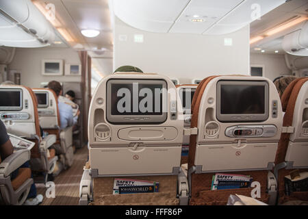 Cabine d'un double decker380 Airbus Singapore Airlines à l'aéroport Changi de Singapour,partir pour Londres. Banque D'Images