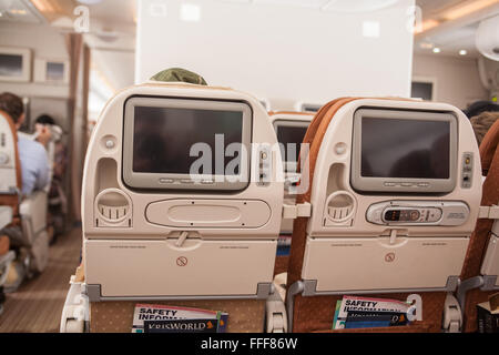 Cabine d'un double decker380 Airbus Singapore Airlines à l'aéroport Changi de Singapour,partir pour Londres. Banque D'Images