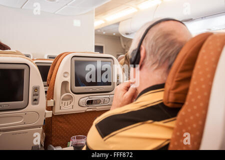 Cabine d'un double decker380 Airbus Singapore Airlines à l'aéroport Changi de Singapour,partir pour Londres. Banque D'Images