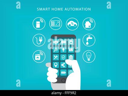 Smart home concept d'automatisation. Vector illustration of hand holding smart phone et la connexion à l'électroménager. Illustration de Vecteur