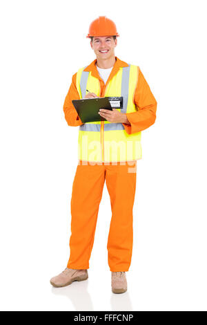 Ingénieur électrique beau holding clipboard sur fond blanc Banque D'Images