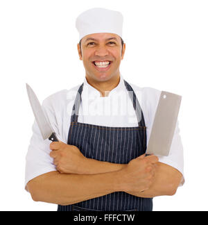 Cheerful male chef avec les couteaux sur fond blanc Banque D'Images