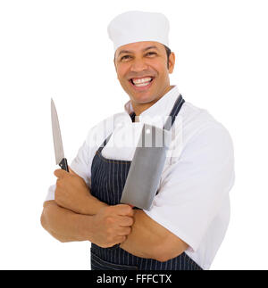 Portrait of happy butcher holding couteaux Banque D'Images