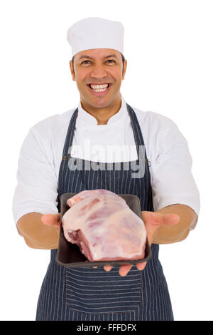 Portrait d'homme butcher holding a tray d'agneau Banque D'Images