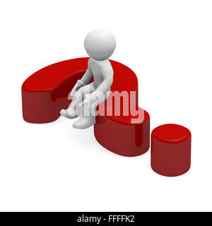 Petit 3d personne assise sur un point d'interrogation rouge Banque D'Images