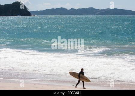 Surfeurs à Hot Water Beach, Mercury Bay, Coromandel Peninsula, North Island, Nouvelle-Zélande. Sur la côte est de la Coromandel Peninsula, au sud, de Hahei Banque D'Images