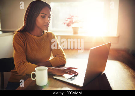 Superbe femelle noir assis à table avec tasse et de la saisie sur ordinateur portable avec soleil clair venant d'une fenêtre Banque D'Images