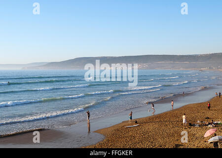 Coucher du soleil plage Tamraght, Maroc, Afrique Banque D'Images