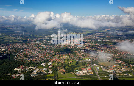 Vue aérienne, Lingen ville sommaire avec les nuages, Lingen (Ems), de l'Ems, Basse-Saxe, Allemagne, Europe, vue aérienne, Banque D'Images