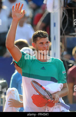 Buenos Aires, Argentine. Feb 13, 2016. Joueur de tennis autrichien Dominic Thiem célèbre après la demi-finale avec l'Espagne de Rafael Nadal à l'ATP ARGENTINE Ouvrir dans Buenos Aires, capitale de l'Argentine, le 13 février 2016. Dominic Thiem 2-1. Crédit : Raul Ferrari/TELAM/Xinhua/Alamy Live News Banque D'Images