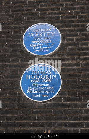 Deux plaques commémoratives pour bleu Thomas Wakley Thomas Hodgkin et sur l'affichage sur un mur à Londres, Royaume-Uni. Banque D'Images