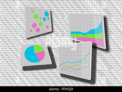 Différents graphiques des tableaux de bord représentant une croissance avec graphique à bulles, graphique, tableau cumulatif et graphique en courbes Banque D'Images