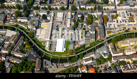 Vue aérienne, le monorail de Wuppertal, cadre en acier, les transports publics, la vallée de la Wupper, Wuppertal, la région du Bergisches Land, Banque D'Images