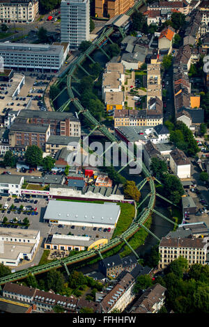 Vue aérienne, le monorail de Wuppertal, cadre en acier, les transports publics, la vallée de la Wupper, Wuppertal, la région du Bergisches Land, Banque D'Images
