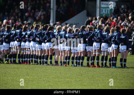 . Gnoll, Pays de Galles, Royaume-Uni. 14Th feb 2016.Pays de Galles v Ecosse - Women's Tournoi RBS des 6 Nations 2016 - L'équipe d'Écosse jusqu'à chanter l'hymne national avant le match. Credit : Samuel Bay/Alamy Live News Banque D'Images