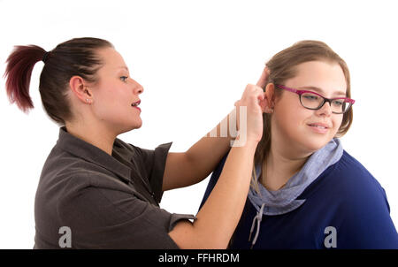 Opticien lunettes femme réglage studio shot over white background Banque D'Images