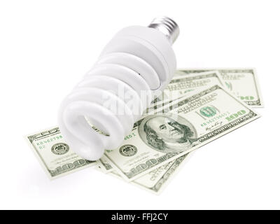 La base de lampe sur une centaine de billets d'un dollar isolated on white Banque D'Images