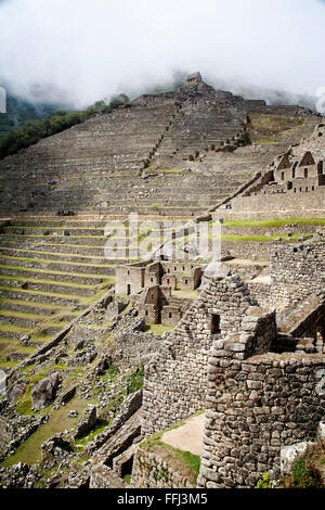 La colline en terrasses au-dessous de la guérite au Machu Picchu, au Pérou. Banque D'Images