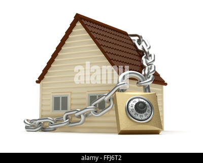 Maison de jouets avec chaîne et cadenas à combinaison isolated on white Banque D'Images