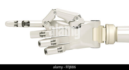 Robot mécanique main pointant ou pousser quelque chose d'isolé sur fond blanc Banque D'Images