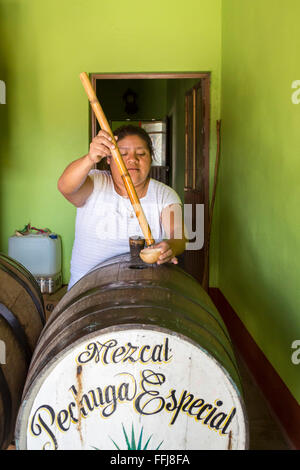 Matatlán Santiago, Oaxaca, Mexique - en une distillerie de Mezcal, une femme prend un échantillon à partir d'un baril pour les clients au goût. Banque D'Images