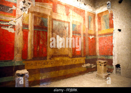 Fresques couvrent les murs d'une pièce de la maison d'Auguste dans le Forum romain de Rome. Banque D'Images