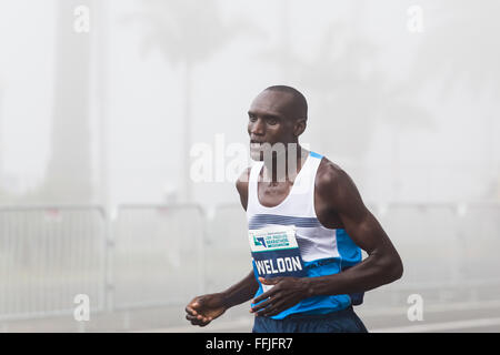 Los Angeles, Californie, USA. 14 Février, 2016. Weldon Kirui du Kenya prend la première place dans la catégorie Hommes au 2016 LA Marathon à Los Angeles Californie Crédit : R. Guillermo Orozco/Alamy Live News Banque D'Images